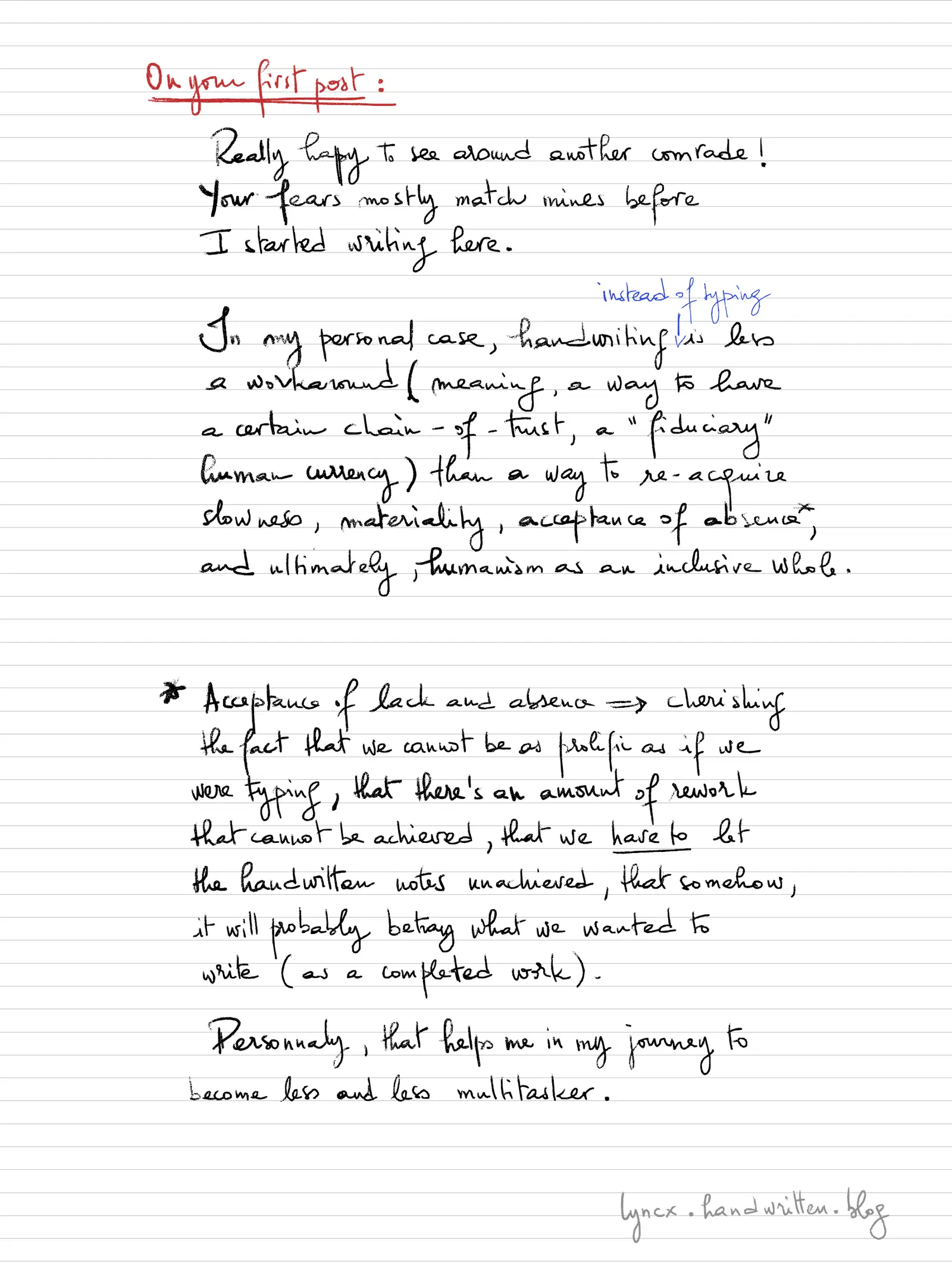 Handwritten comment on The first post is always phatic , reply 1